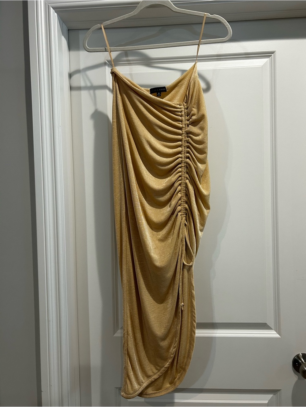 JLUXLABEL Gold One-Shoulder Ruched Mini Dress